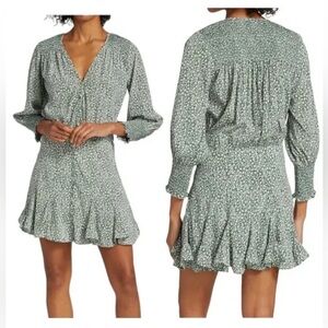 Veronica Beard Desio V-Neck Minidress Dress Size 6 Green Silk Smocked